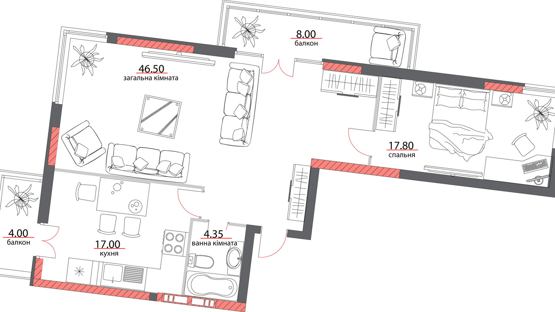 Планування 2-кімнатної квартири в ЖБ вул. Шевченко, 96а 96.95 м², фото 325010