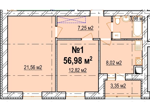 ЖК Агро центр 1: планировка 2-комнатной квартиры 56.98 м²