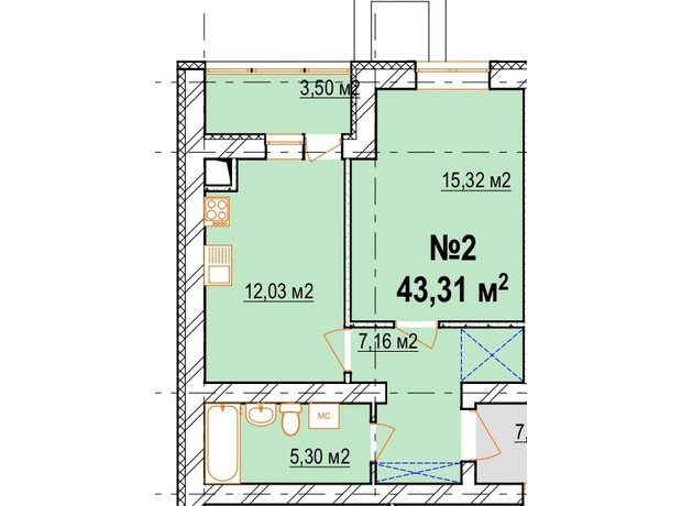 ЖК Агро центр 1: планировка 1-комнатной квартиры 43.31 м²