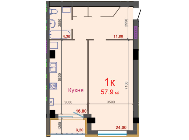 ЖК Европейский: свободная планировка квартиры 57.9 м²