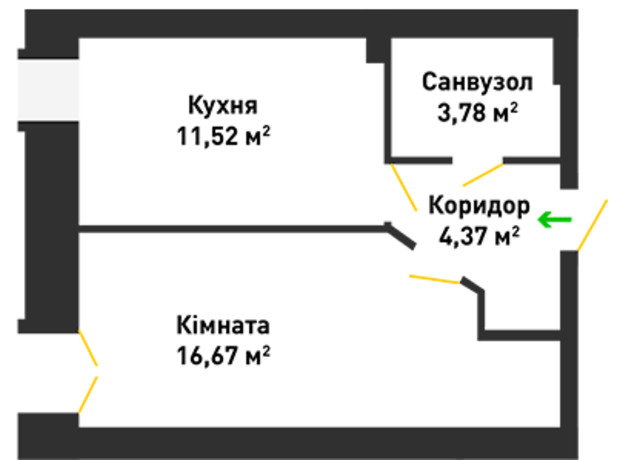 ЖК ул. Вячеслава Черновола, 30: планировка 1-комнатной квартиры 36.38 м²