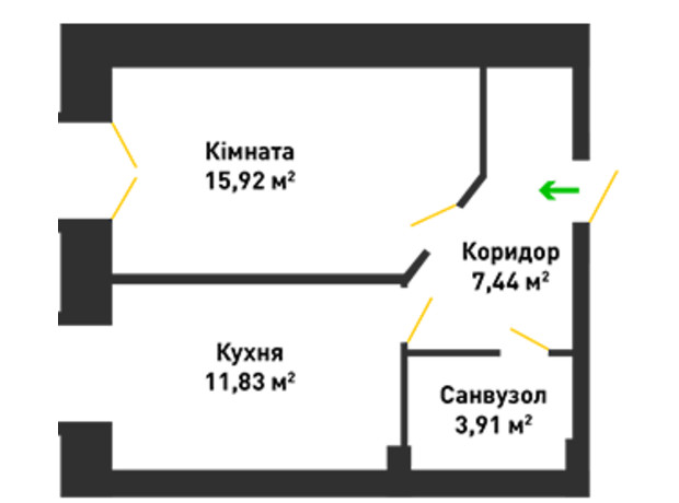 ЖК ул. Вячеслава Черновола, 30: планировка 1-комнатной квартиры 39.1 м²