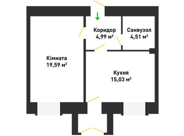 ЖК ул. Вячеслава Черновола, 30: планировка 1-комнатной квартиры 46.43 м²