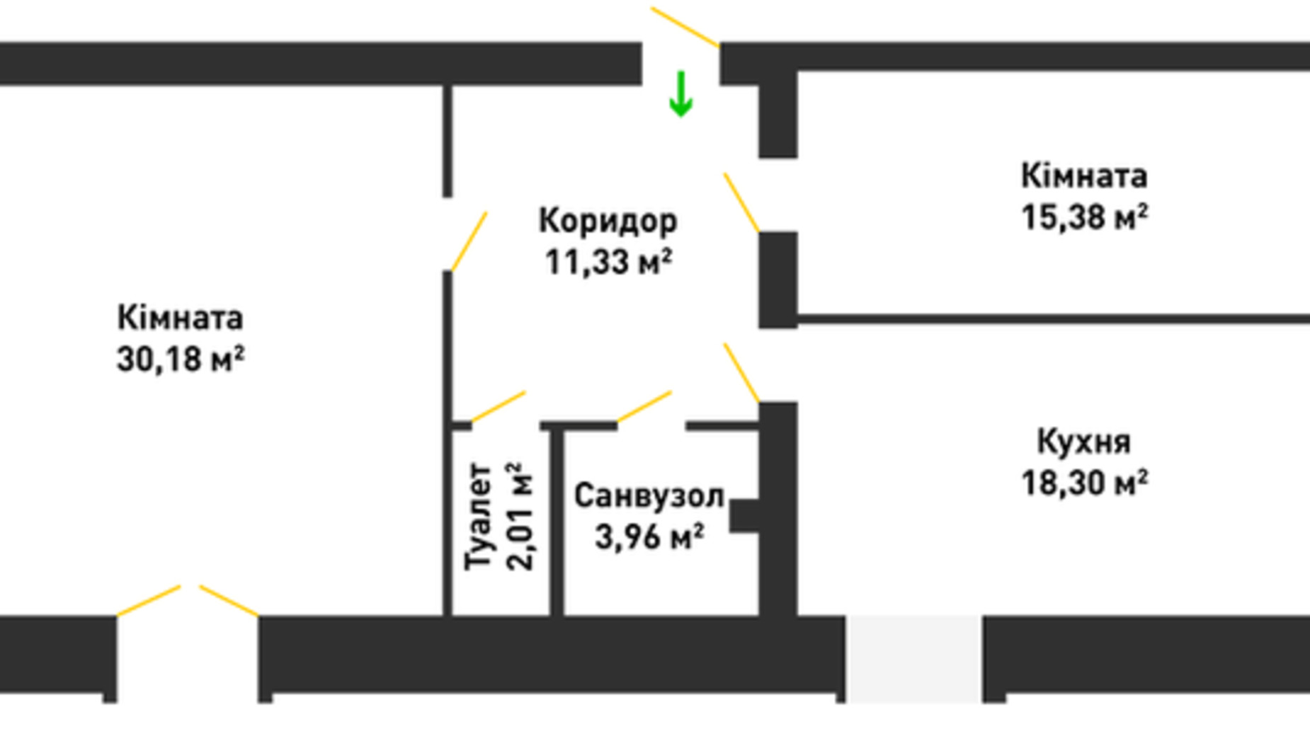 Планування 2-кімнатної квартири в ЖК вул. В'ячеслава Чорновола, 30 81.16 м², фото 325414