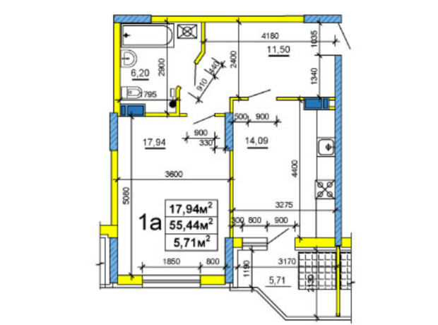 ЖК ул. Сержанта Жужомы: планировка 1-комнатной квартиры 55.44 м²