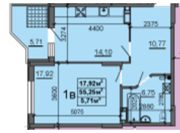ЖК вул. Сержанта Жужоми: планування 1-кімнатної квартири 55.25 м²