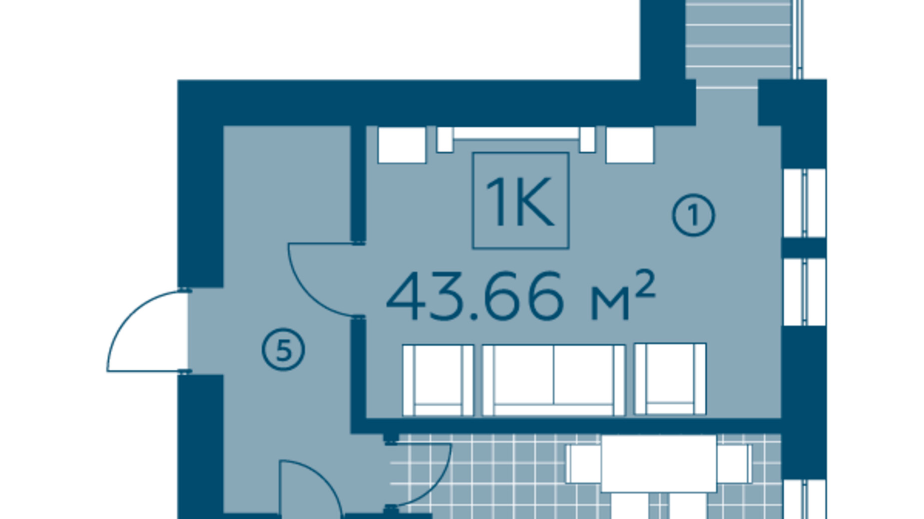 Планування 1-кімнатної квартири в ЖК Київський 43.66 м², фото 325670