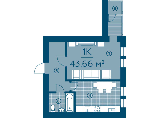 ЖК Киевский: планировка 1-комнатной квартиры 43.66 м²