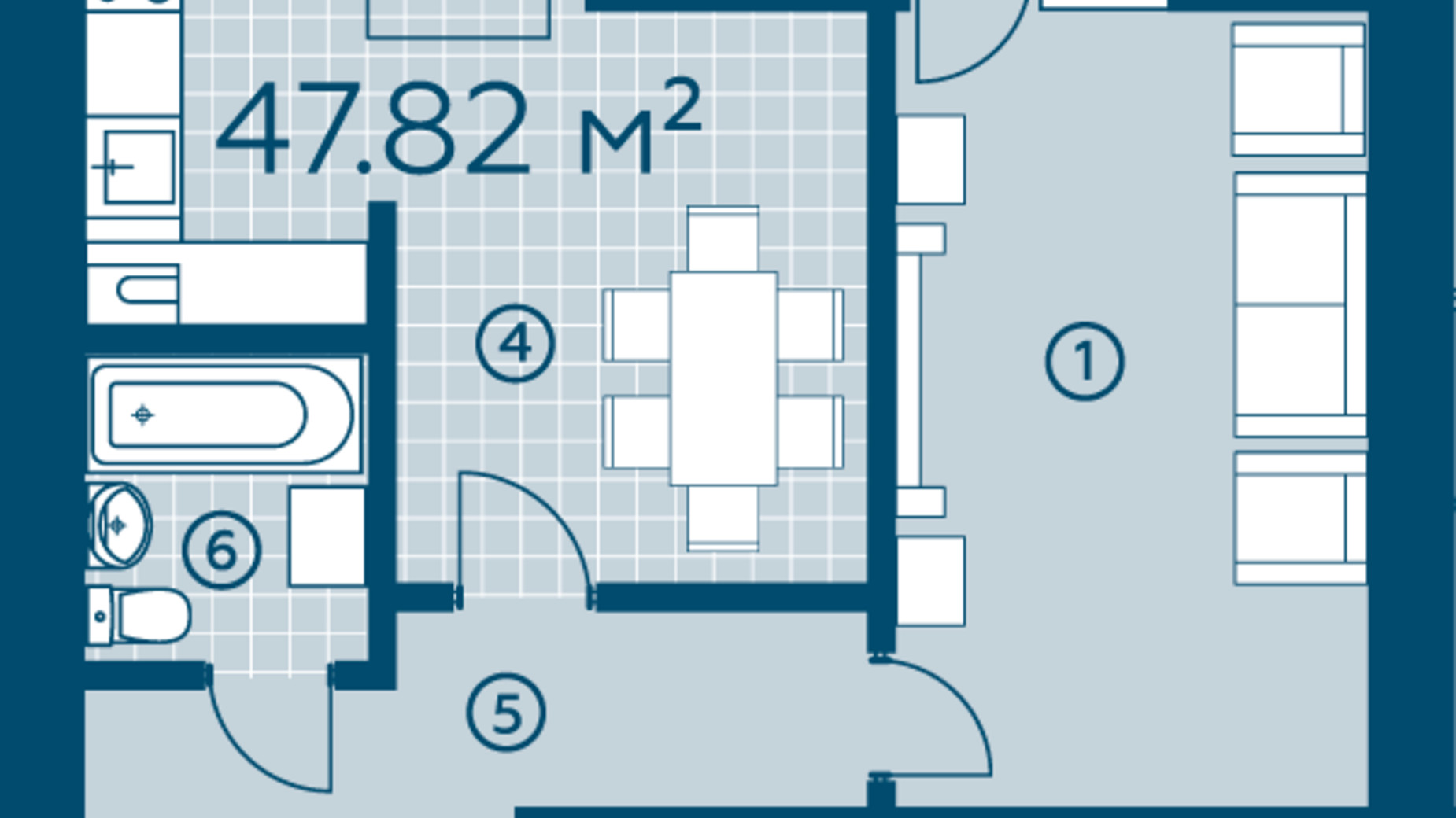 Планировка 1-комнатной квартиры в ЖК Киевский 47.82 м², фото 325674