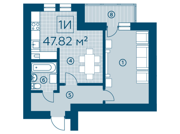 ЖК Киевский: планировка 1-комнатной квартиры 47.82 м²