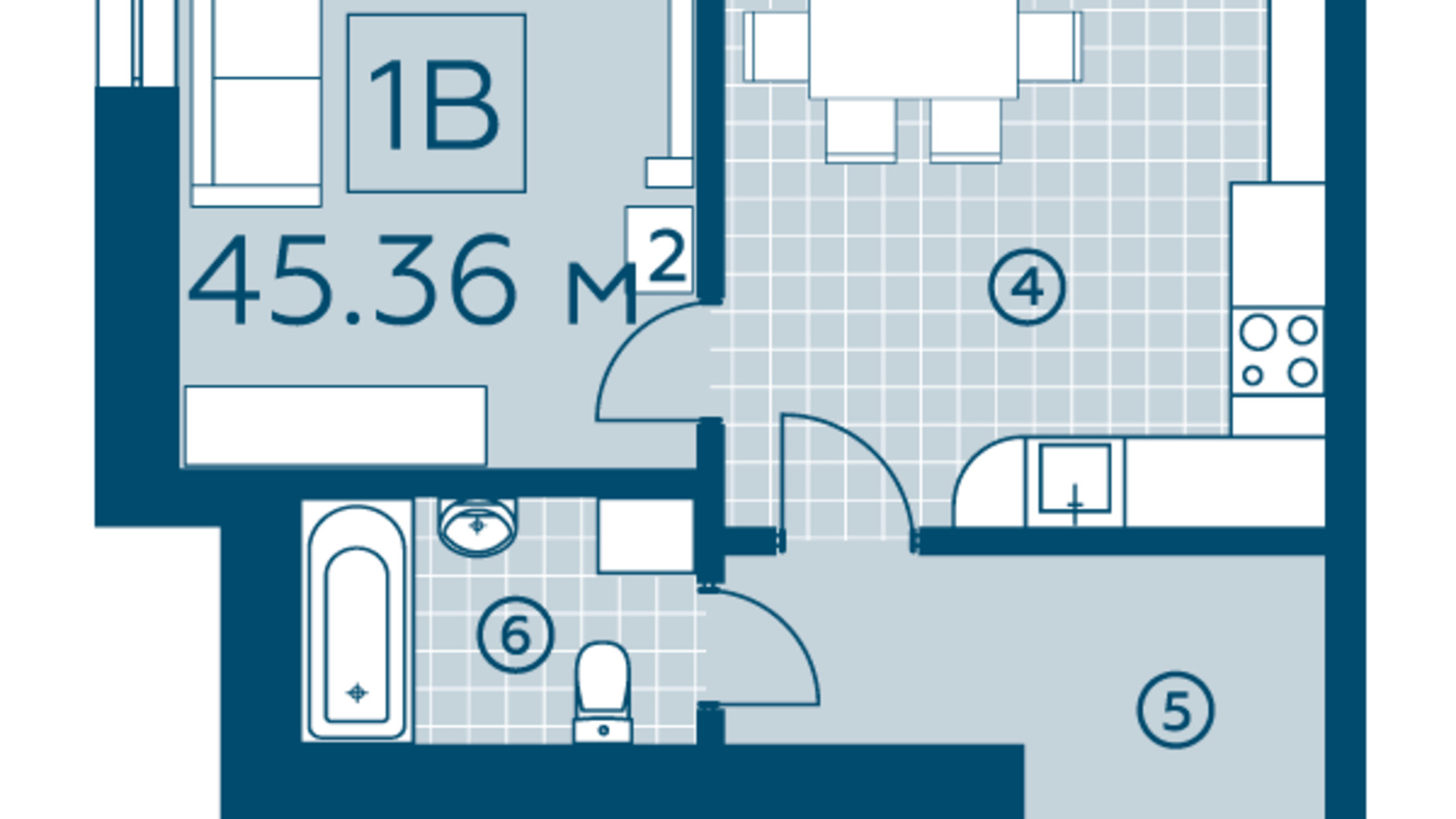 Планировка 1-комнатной квартиры в ЖК Киевский 45.36 м², фото 325675