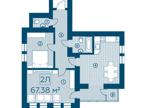 ЖК Киевский: планировка 2-комнатной квартиры 67.38 м²