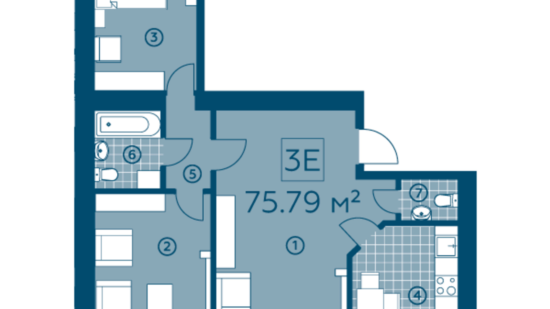 Планировка 3-комнатной квартиры в ЖК Киевский 75.79 м², фото 325689