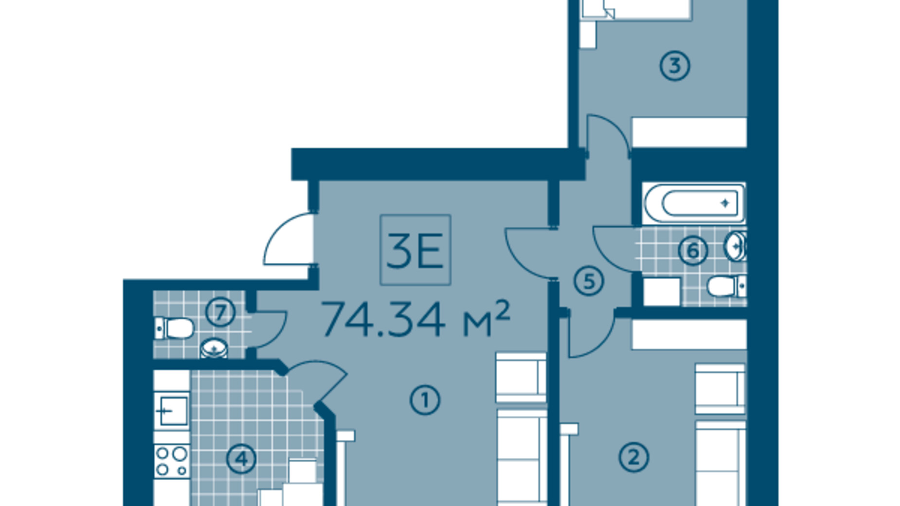 Планування 3-кімнатної квартири в ЖК Київський 74.34 м², фото 325692