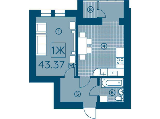 ЖК Киевский: планировка 1-комнатной квартиры 43.37 м²