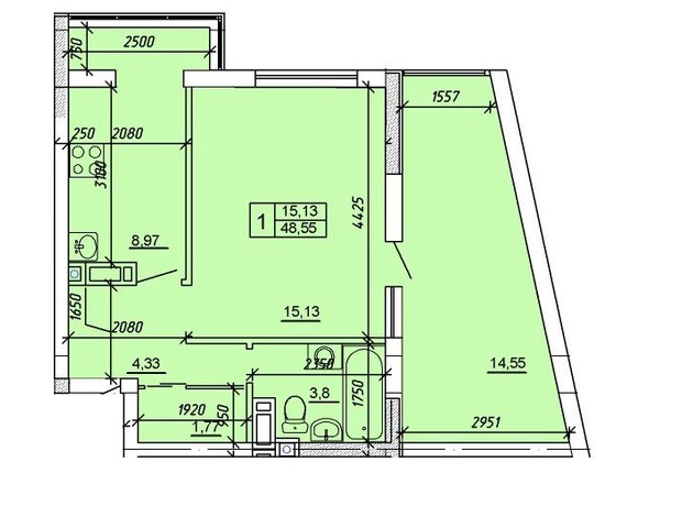 ЖК Приозерний: планування 1-кімнатної квартири 48.55 м²