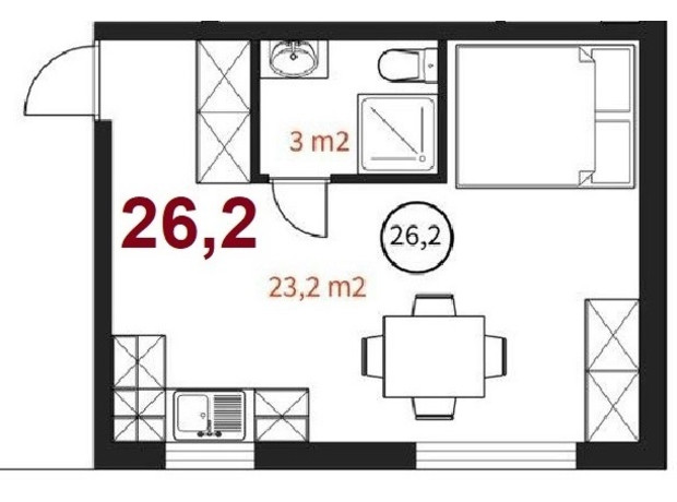 ЖК Geneva: планировка 1-комнатной квартиры 26.2 м²