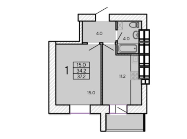 ЖК ZerNova: планування 1-кімнатної квартири 37.2 м²