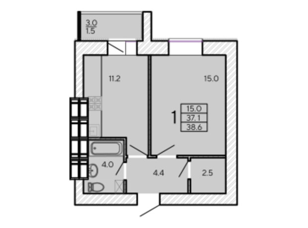 ЖК ZerNova: планировка 1-комнатной квартиры 38.6 м²