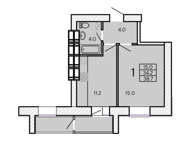 ЖК ZerNova: планування 1-кімнатної квартири 38.7 м²