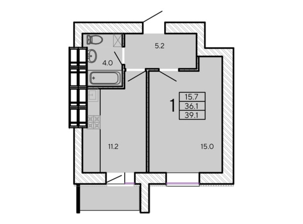 ЖК ZerNova: планировка 1-комнатной квартиры 39.1 м²