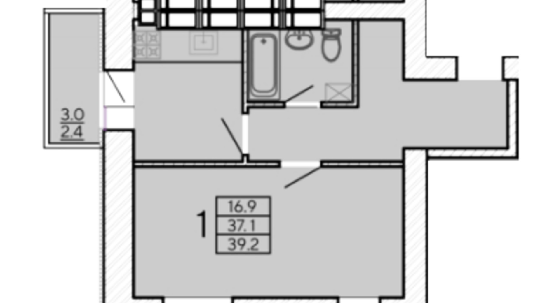 Планування 1-кімнатної квартири в ЖК ZerNova 39.2 м², фото 326034