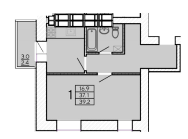 ЖК ZerNova: планировка 1-комнатной квартиры 39.2 м²