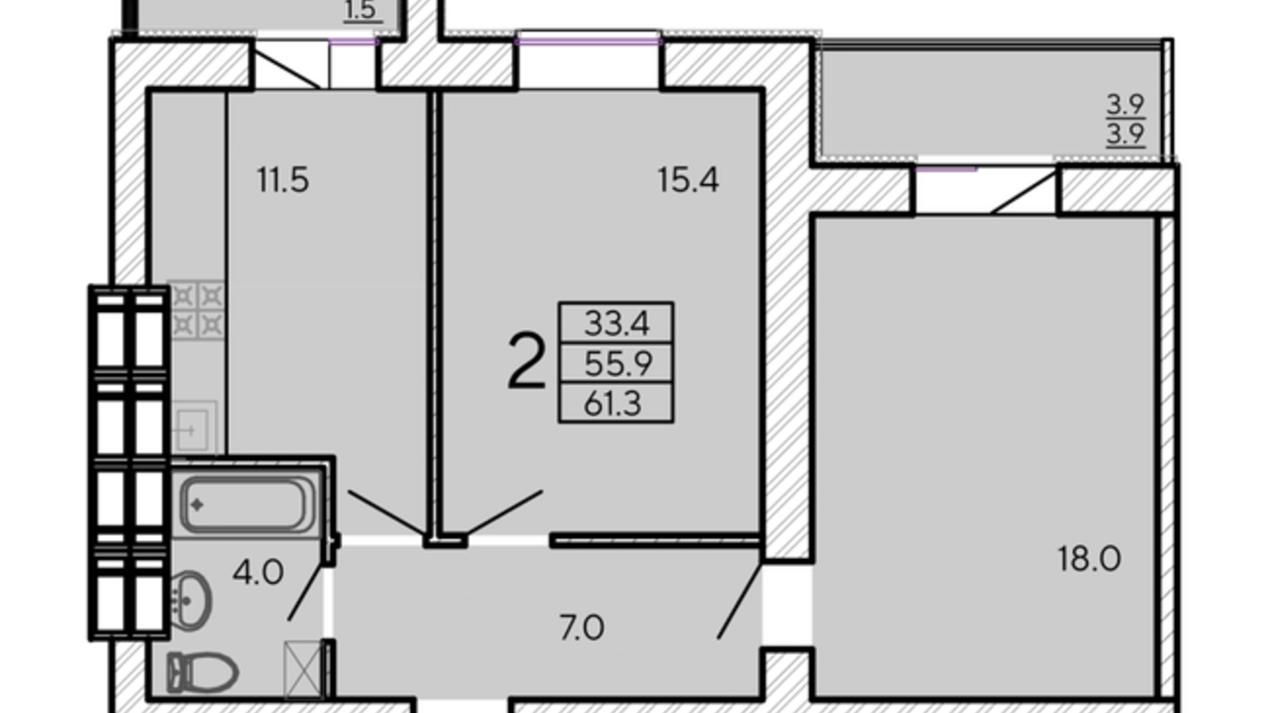 Планировка 2-комнатной квартиры в ЖК ZerNova 61.3 м², фото 326035