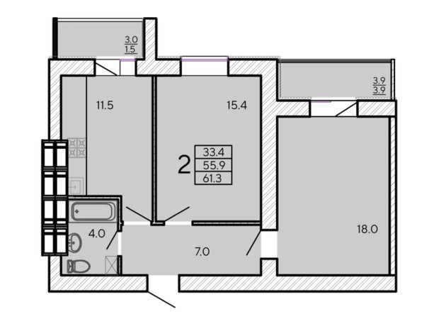 ЖК ZerNova: планировка 2-комнатной квартиры 61.3 м²