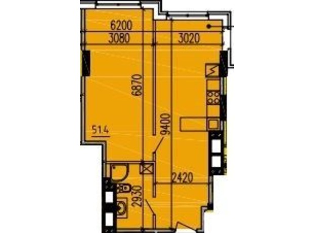 ЖК Premier Tower: планування 1-кімнатної квартири 51.4 м²