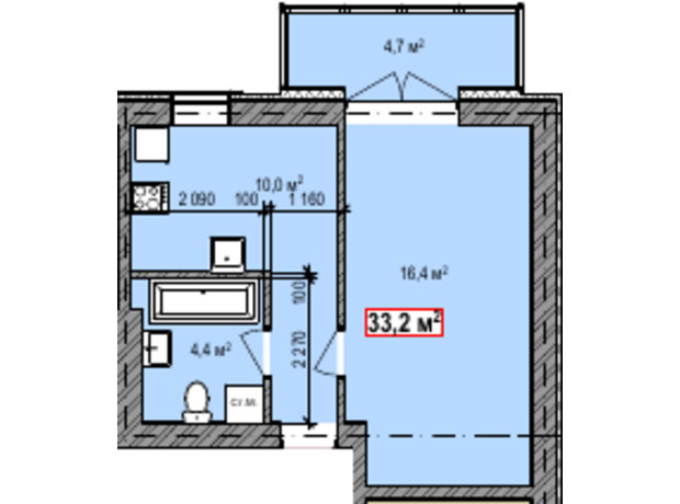 ЖК Dresden: планування 1-кімнатної квартири 33.2 м²