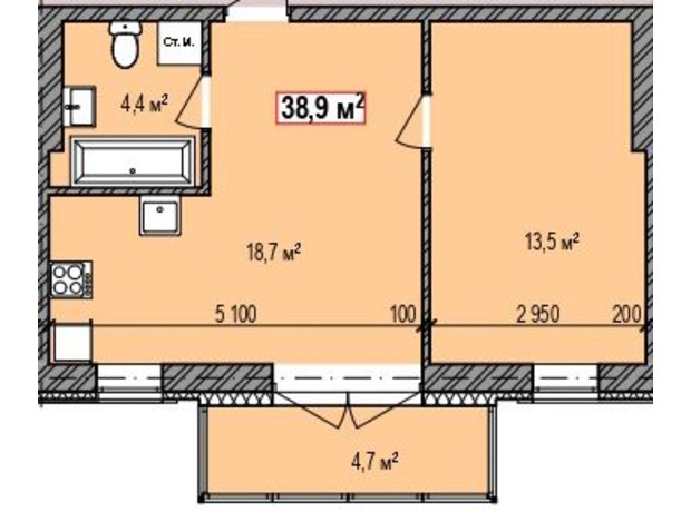 ЖК Dresden: планировка 1-комнатной квартиры 38.9 м²