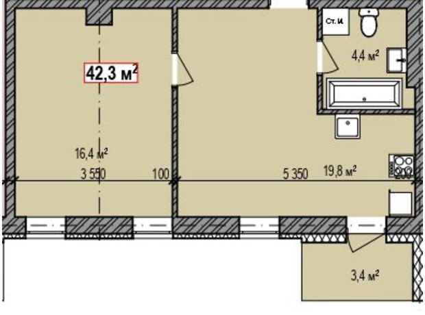 ЖК Dresden: планування 1-кімнатної квартири 42.3 м²