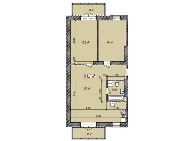 ЖК Dresden: планування 3-кімнатної квартири 73.7 м²