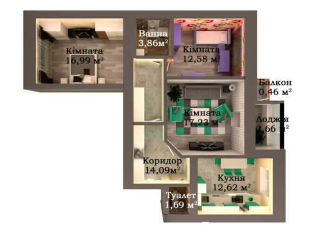 ЖК Caramel Residence: планировка 3-комнатной квартиры 82.18 м²