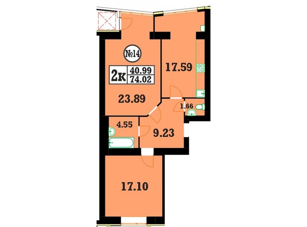 ЖК Кардамон: планування 2-кімнатної квартири 74.02 м²
