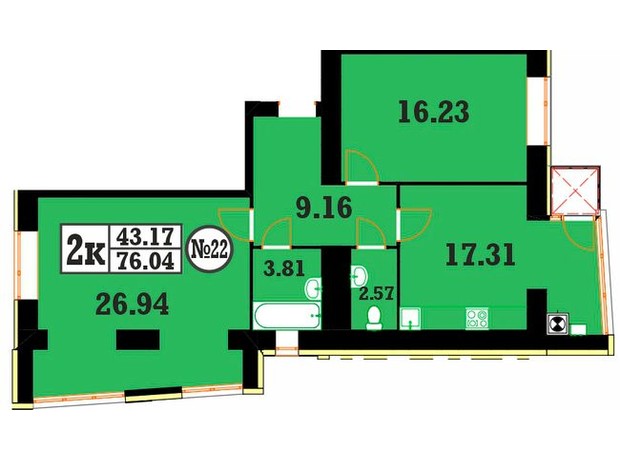 ЖК Кардамон: планировка 2-комнатной квартиры 76.04 м²