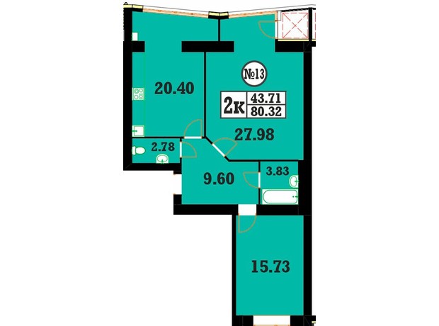 ЖК Кардамон: планировка 2-комнатной квартиры 80.32 м²