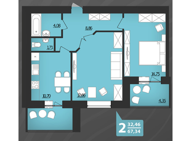 ЖК Комфорт: планування 2-кімнатної квартири 67.34 м²