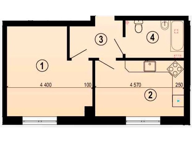 ЖК Меридиан: планування 1-кімнатної квартири 40.83 м²