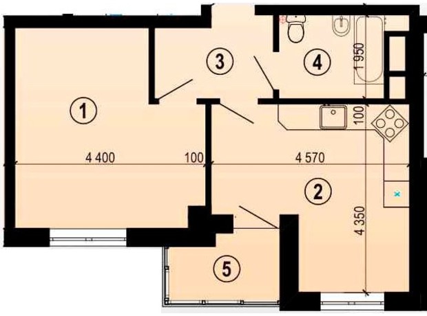 ЖК Меридиан: планування 1-кімнатної квартири 44.15 м²
