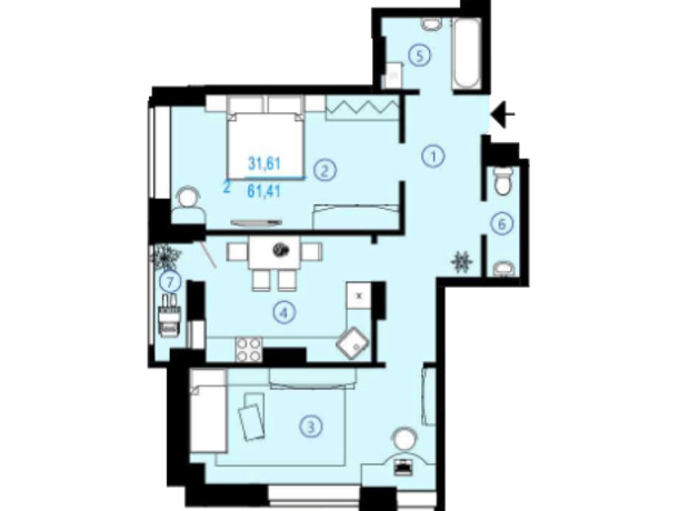 ЖК Меридиан: планування 2-кімнатної квартири 61.41 м²