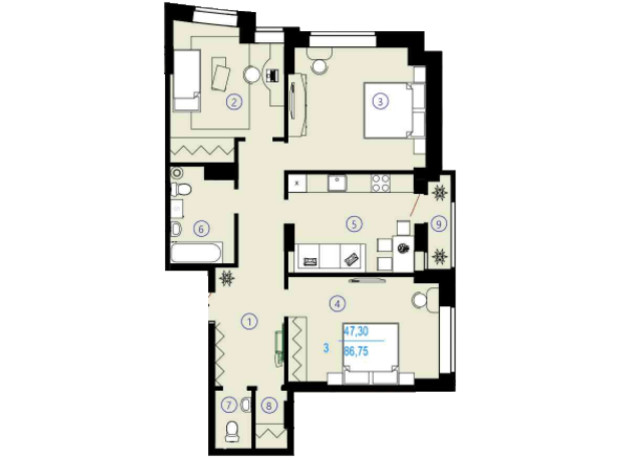 ЖК Меридиан: планировка 3-комнатной квартиры 86.75 м²