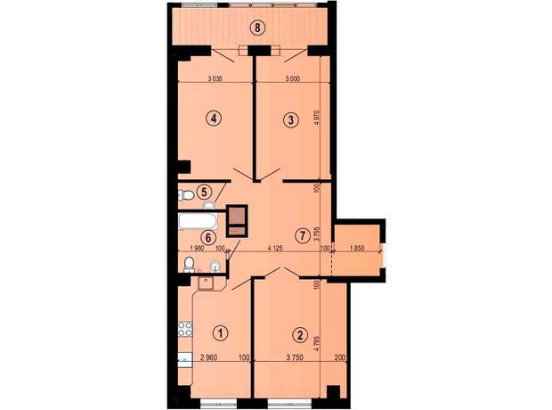 ЖК Меридиан: планировка 3-комнатной квартиры 88.91 м²