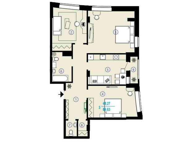 ЖК Меридиан: планировка 3-комнатной квартиры 90.53 м²