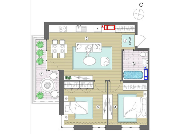 ЖК Maverick Residental Complex: планування 2-кімнатної квартири 56.1 м²