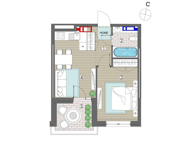 ЖК Maverick Residental Complex: планування 1-кімнатної квартири 37.13 м²