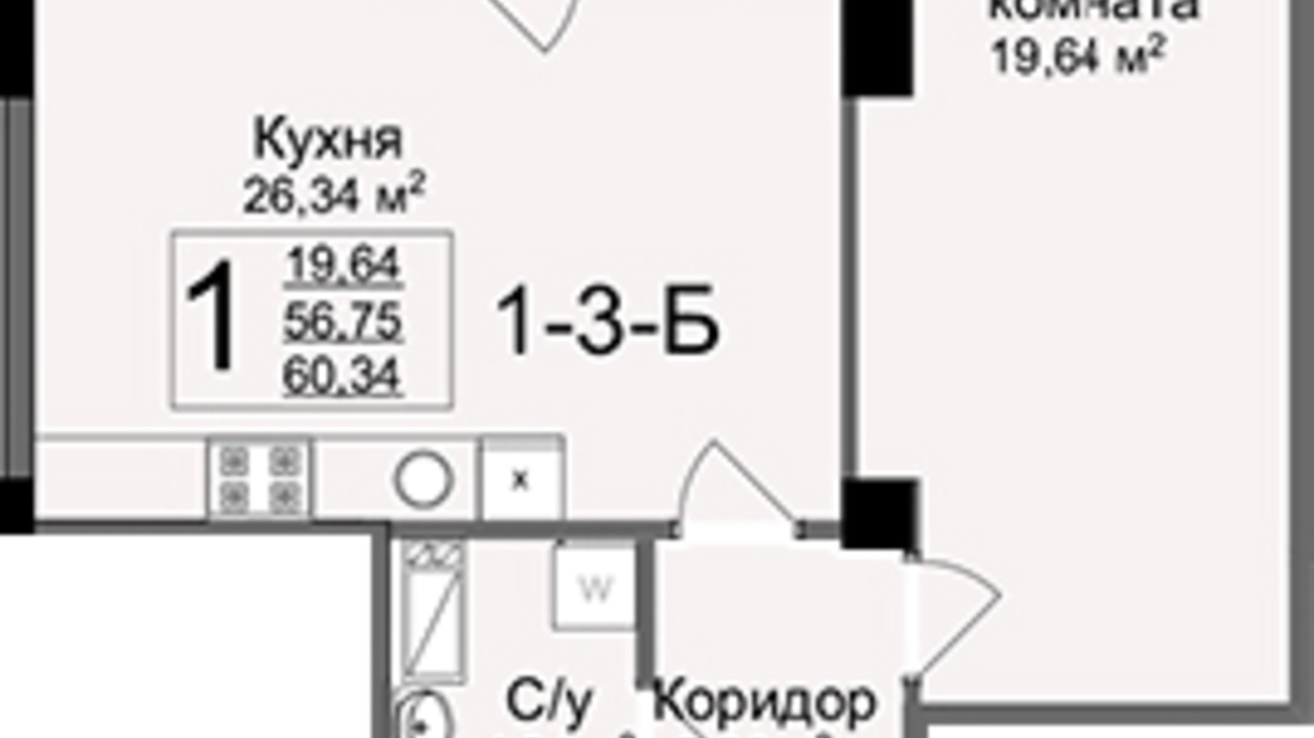 Планування 1-кімнатної квартири в ЖК Люксембург 60.34 м², фото 326263