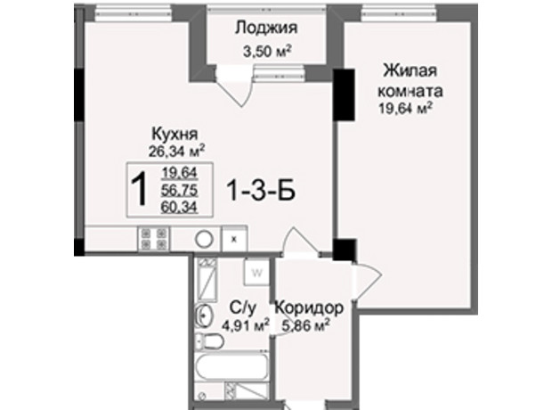 ЖК Люксембург: планування 1-кімнатної квартири 60.34 м²