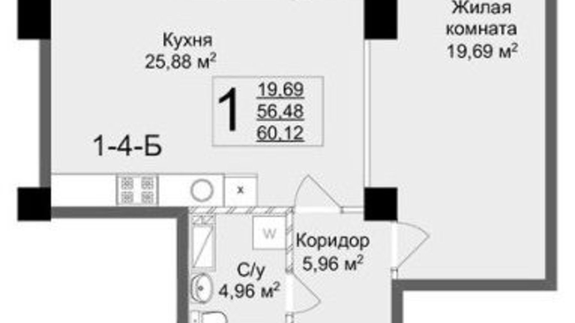 Планування 1-кімнатної квартири в ЖК Люксембург 69.78 м², фото 326264